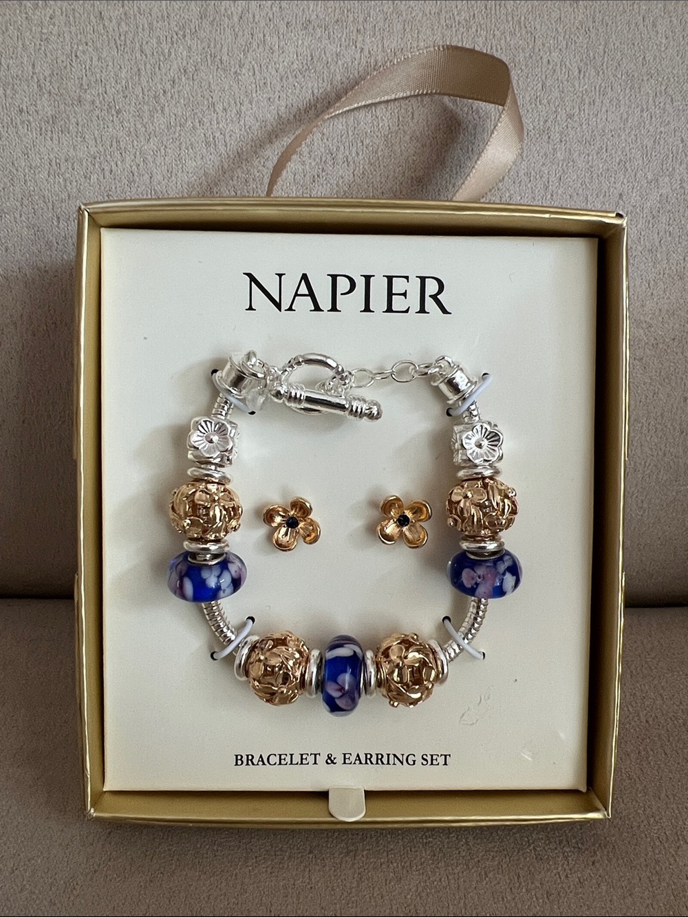 NWT Napier Gold & Blue Floral Bead Bracelet with Matching Stud Earrings